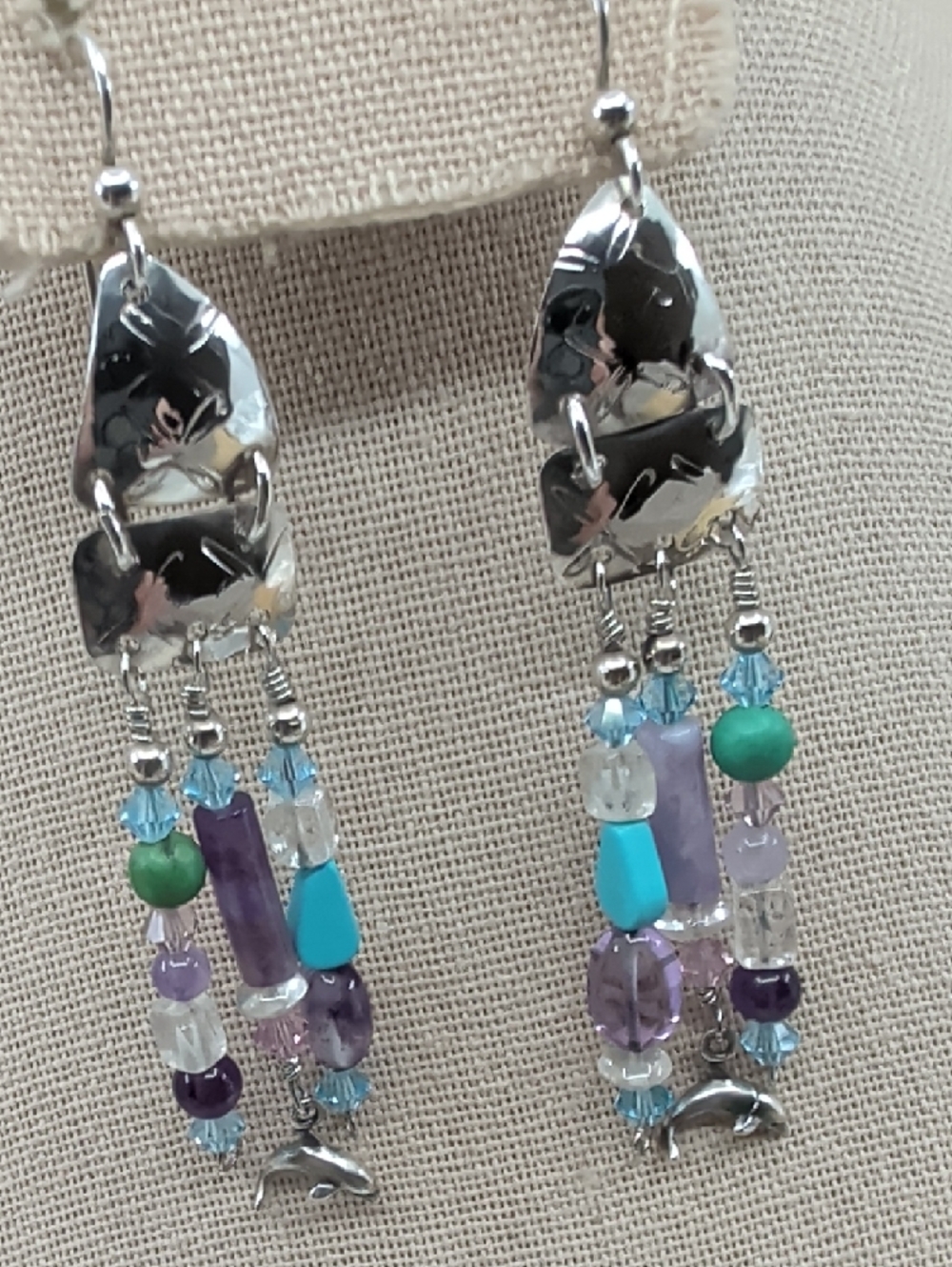 Signed Sterling Silver Dolphin Artisan Chandelier Earrings FL Keys 1990s - Picture 11 of 17